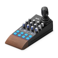 Middle Remote Pro, three-quarter view: Hall-effect joystick, 12 encoders, OLED displays and 8 RGB buttons