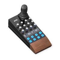 Middle Remote Pro from above at an angle: joystick, encoders, OLED displays and buttons