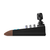 Middle Remote Pro side profile showing the sloped walnut front and the joystick