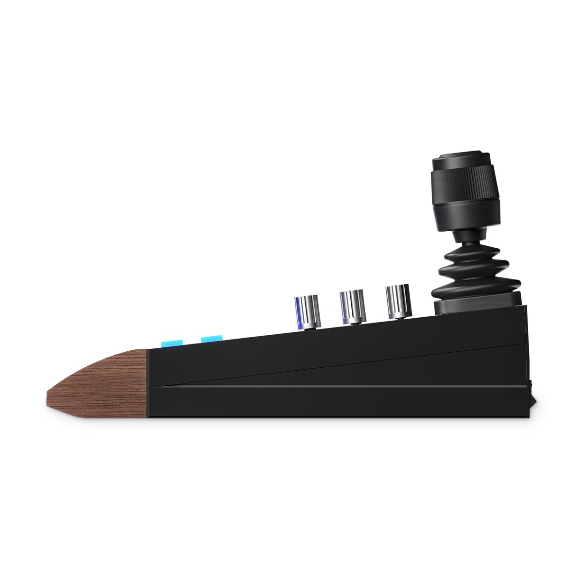 Middle Remote Pro side profile showing the sloped walnut front and the joystick