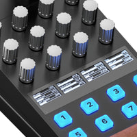 Close-up of the Middle Remote Pro's encoders, OLED displays and RGB buttons