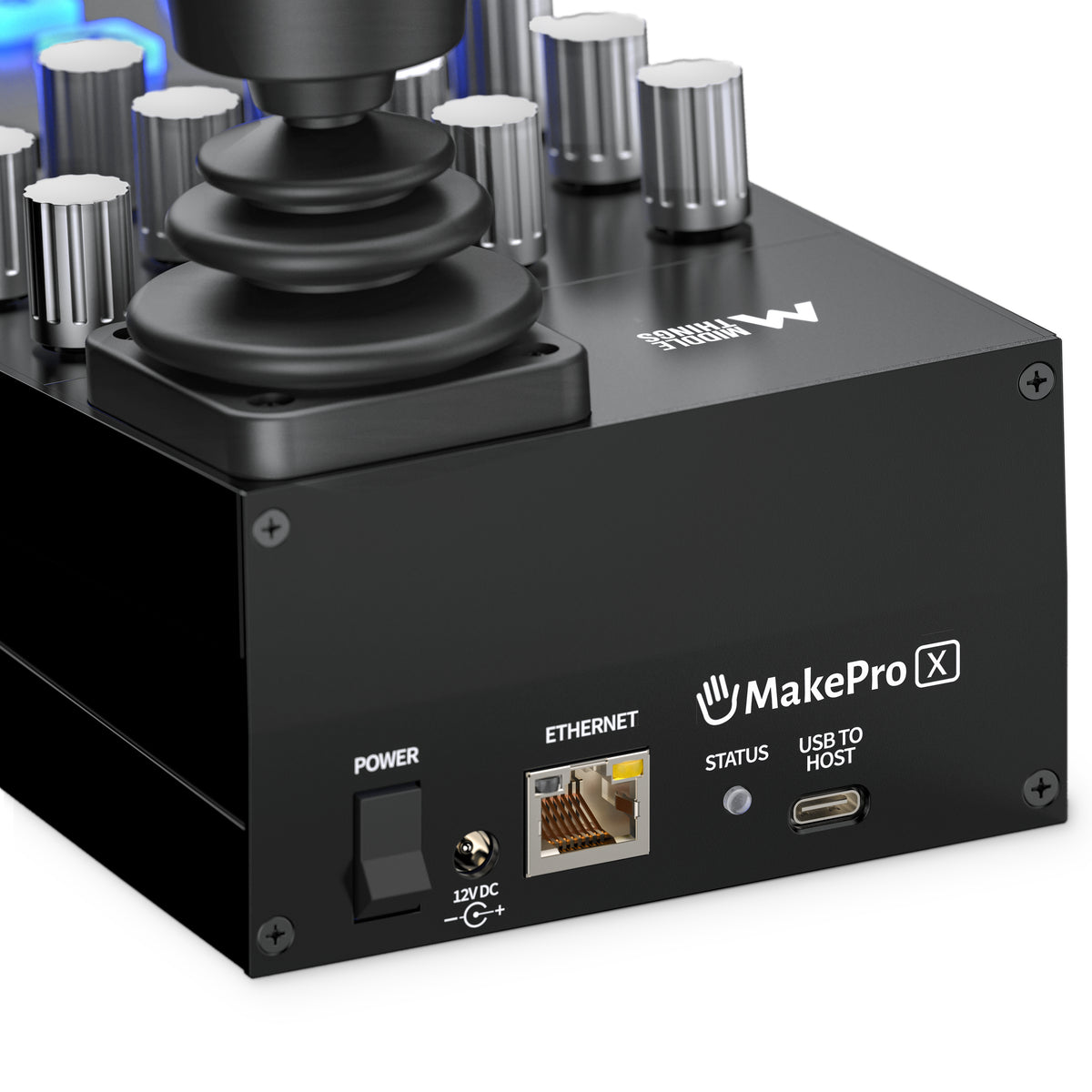 Middle Remote Pro rear panel close-up: power switch, 12 V DC, Ethernet, status LED and USB-C